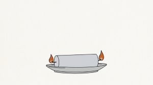 Illustration: a candle lying on a dish, burning at both ends with small orange flames