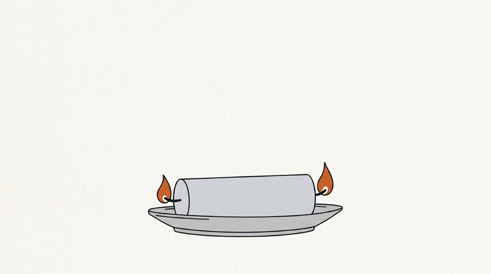 Illustration: a candle lying on a dish, burning at both ends with small orange flames