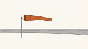 Illustration: an orange windsock stands straight out in a steady wind beside an empty runway
