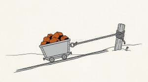 Illustration: a mine cart full of orange ore sits on a downhill track, roped to a post