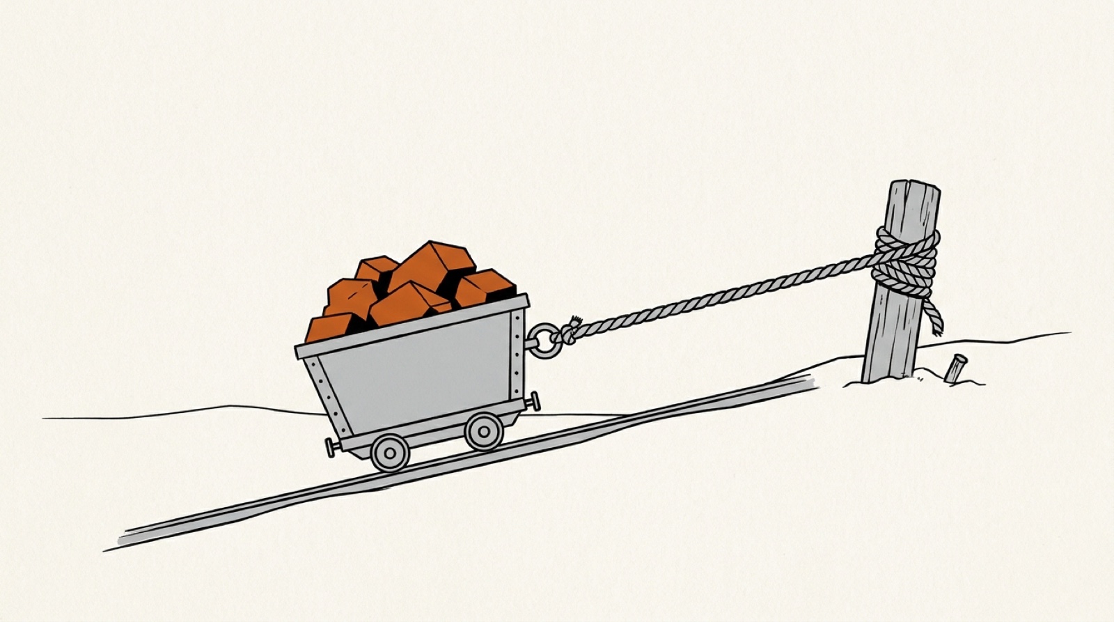 Illustration: a mine cart full of orange ore sits on a downhill track, roped to a post