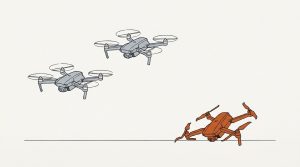 Illustration: two gray drones hover while an orange drone lies crashed on the ground