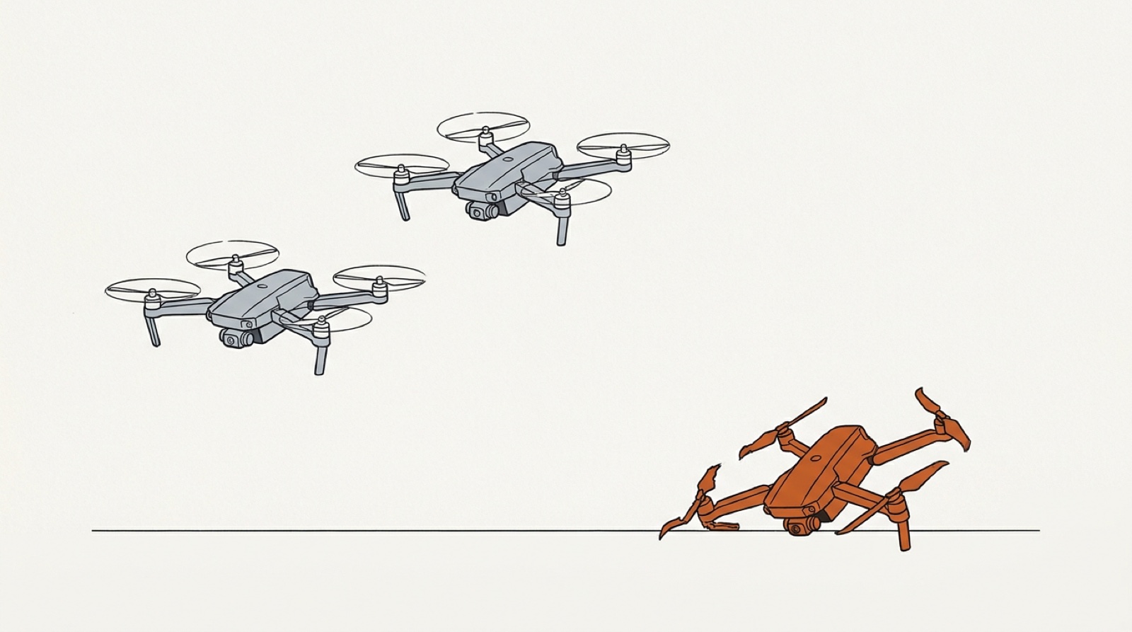Illustration: two gray drones hover while an orange drone lies crashed on the ground