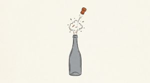Illustration: an orange cork pops off a plain bottle in a small burst of foam