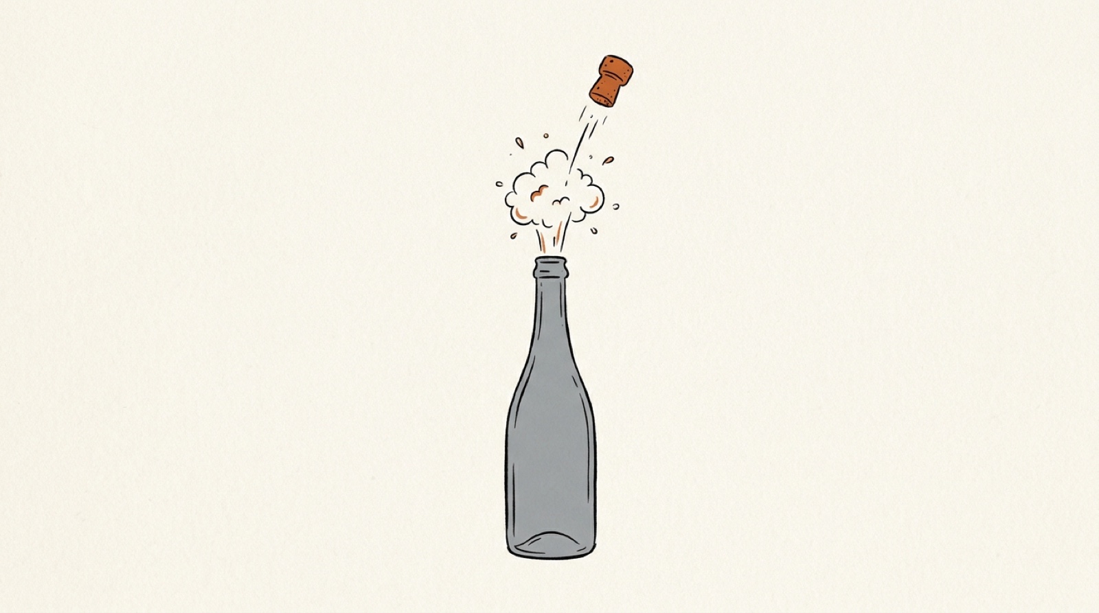 Illustration: an orange cork pops off a plain bottle in a small burst of foam