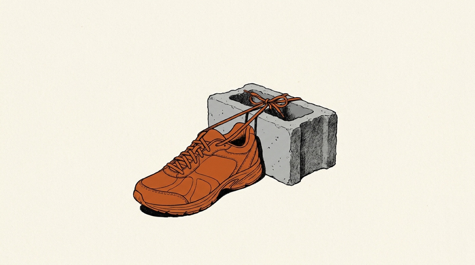 Illustration: an orange running shoe with its laces tied to a heavy cinder block