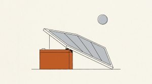 Illustration: an orange battery block props a tilted solar panel back up toward the sun