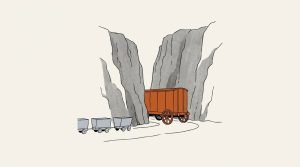 Illustration: a large orange freight wagon fills a narrow pass between cliffs while small carts wait outside