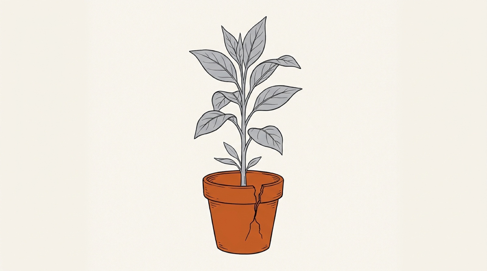 Illustration: a leafy young plant growing from an orange clay pot with a crack down its side