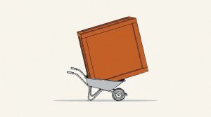 Illustration: a huge orange crate balanced on a small wheelbarrow