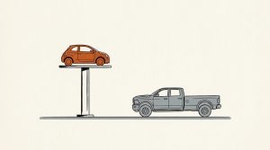 Illustration: a small orange car raised high on a pedestal beside a large gray pickup truck on the ground
