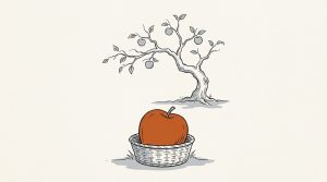 Illustration: one big orange apple sits in a wicker basket below a sparse apple tree