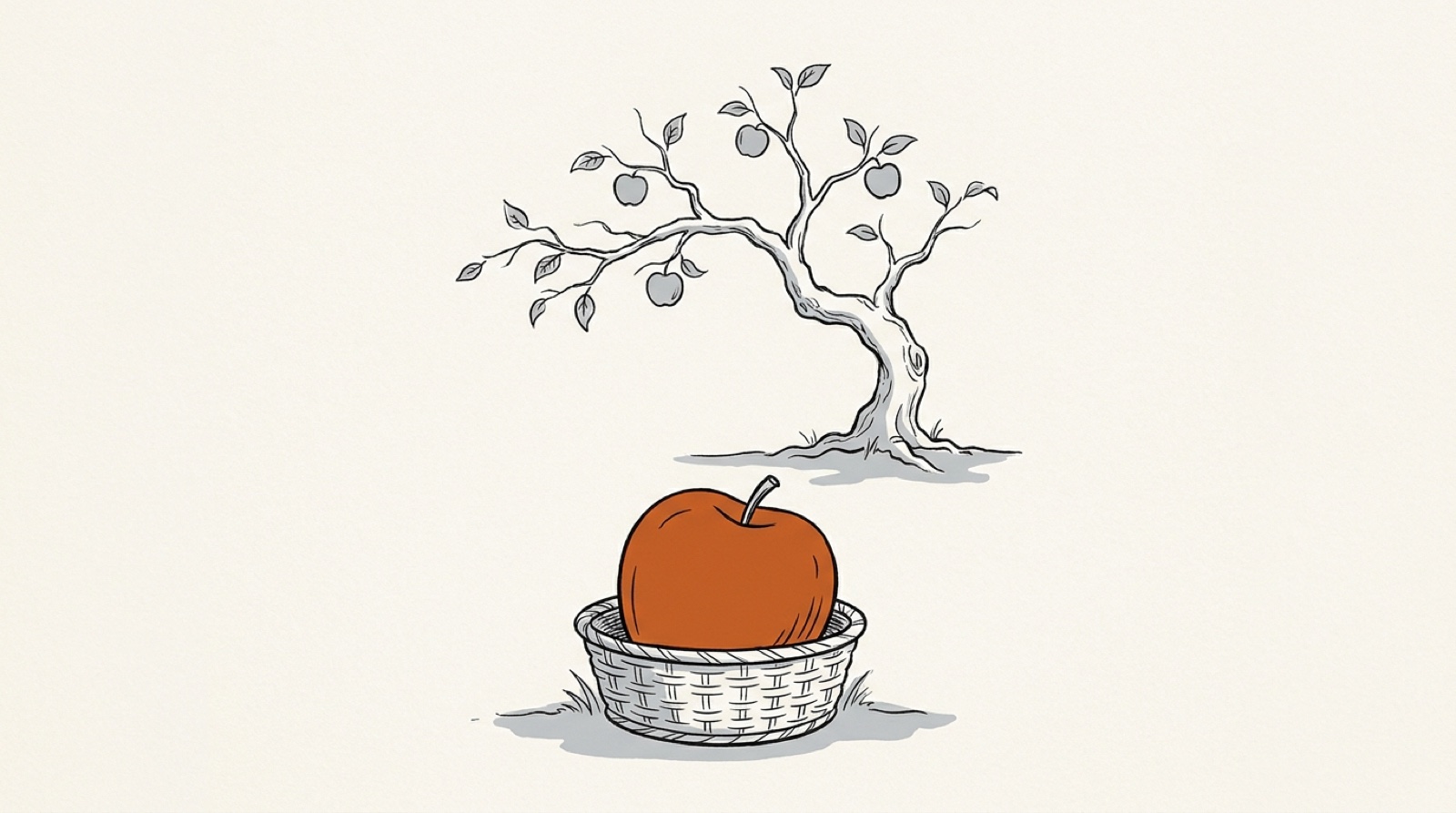Illustration: one big orange apple sits in a wicker basket below a sparse apple tree