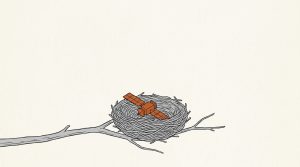 Illustration: a small orange satellite resting in a bird's nest on a thin branch