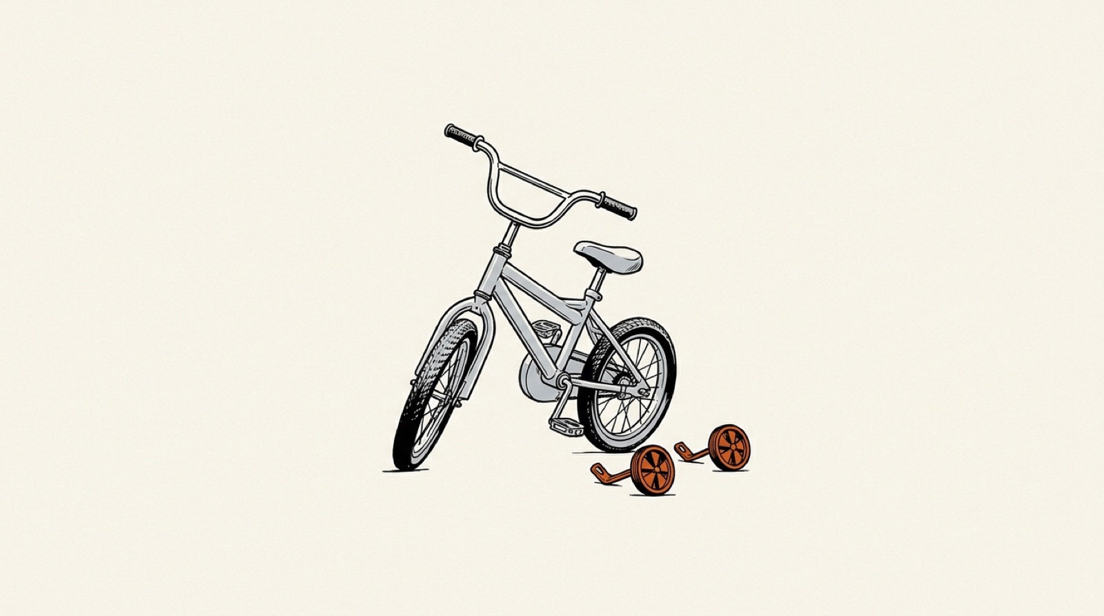 Illustration: a child's bicycle stands with its orange training wheels removed and lying beside it