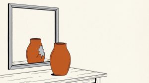 Illustration: an orange vase on a table whose mirror reflection shows a chip on its back