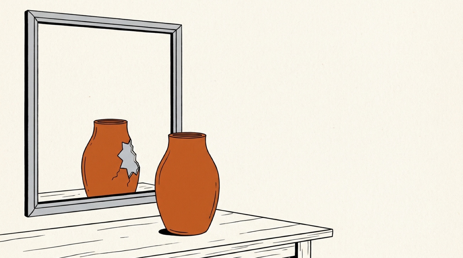 Illustration: an orange vase on a table whose mirror reflection shows a chip on its back