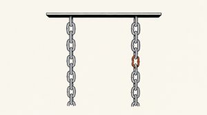 Illustration: two hanging chains; one has a single orange link that is thinner than the rest