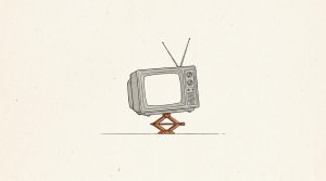 Illustration: an old television set being lifted by an orange scissor car jack