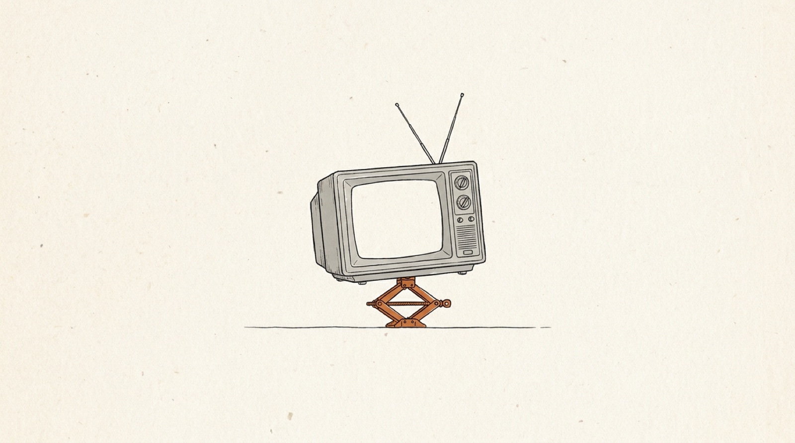 Illustration: an old television set being lifted by an orange scissor car jack