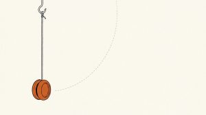 Illustration: an orange yo-yo hangs from a hook on its string with a dashed arc showing its swing