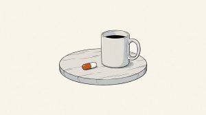 Illustration: a medicine capsule and a coffee mug sit together on a round wooden turntable
