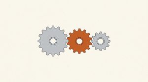 Illustration: three meshing gears in a row with the middle one orange