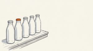 Illustration: a row of glass milk bottles on a step, one with an orange cap