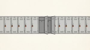 Illustration: a long row of lockers, nearly all closed with orange padlocks, only one standing open