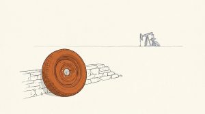 Illustration: an orange spare tire leans on a low stone wall with an oil pump jack in the distance