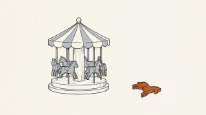 Illustration: a toy carousel still standing after one orange toy horse was taken off and set beside it