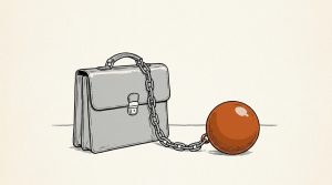 Illustration: a gray briefcase chained to a heavy orange iron ball