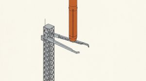 Illustration: an orange rocket booster descending into the open mechanical catch arms of a gray launch tower