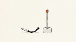 Illustration: a burnt-out match lying on its side next to a fresh orange-tipped match standing upright, ready to strike
