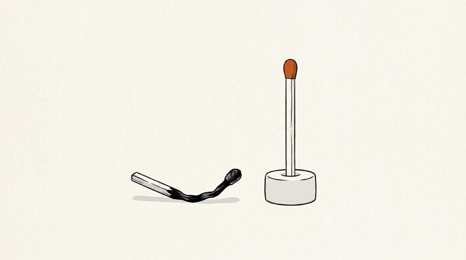 Illustration: a burnt-out match lying on its side next to a fresh orange-tipped match standing upright, ready to strike