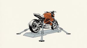 Illustration: a powerful orange motorcycle running on a test roller, held in place by gray straps anchored to the floor