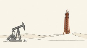Illustration: a gray oil pumpjack in the desert facing a tall orange tower still wrapped in scaffolding