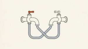 Illustration: two faucets on a wall, one with an orange handle, whose pipes cross so each feeds the other spout