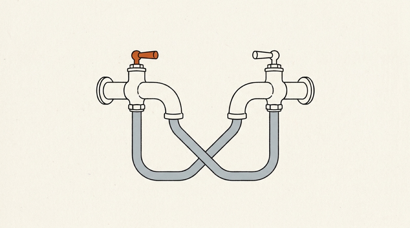 Illustration: two faucets on a wall, one with an orange handle, whose pipes cross so each feeds the other spout