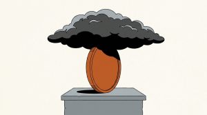 Illustration: a blank orange coin standing on a stone plinth under a dark storm cloud