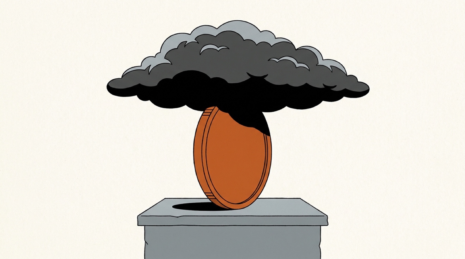 Illustration: a blank orange coin standing on a stone plinth under a dark storm cloud