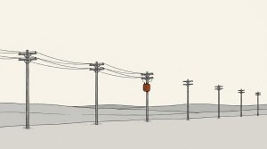 Illustration: a line of utility poles where the wires end at an orange transformer and the rest of the poles stand bare