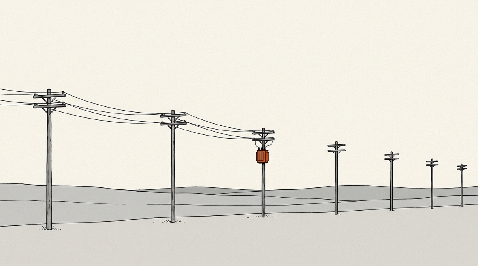 Illustration: a line of utility poles where the wires end at an orange transformer and the rest of the poles stand bare