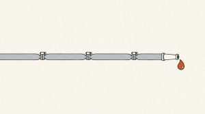 Illustration: a gray hose pinched by three clamps, with one orange drop falling from its nozzle