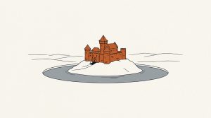 Illustration: an orange castle on a mound surrounded by a wide gray moat
