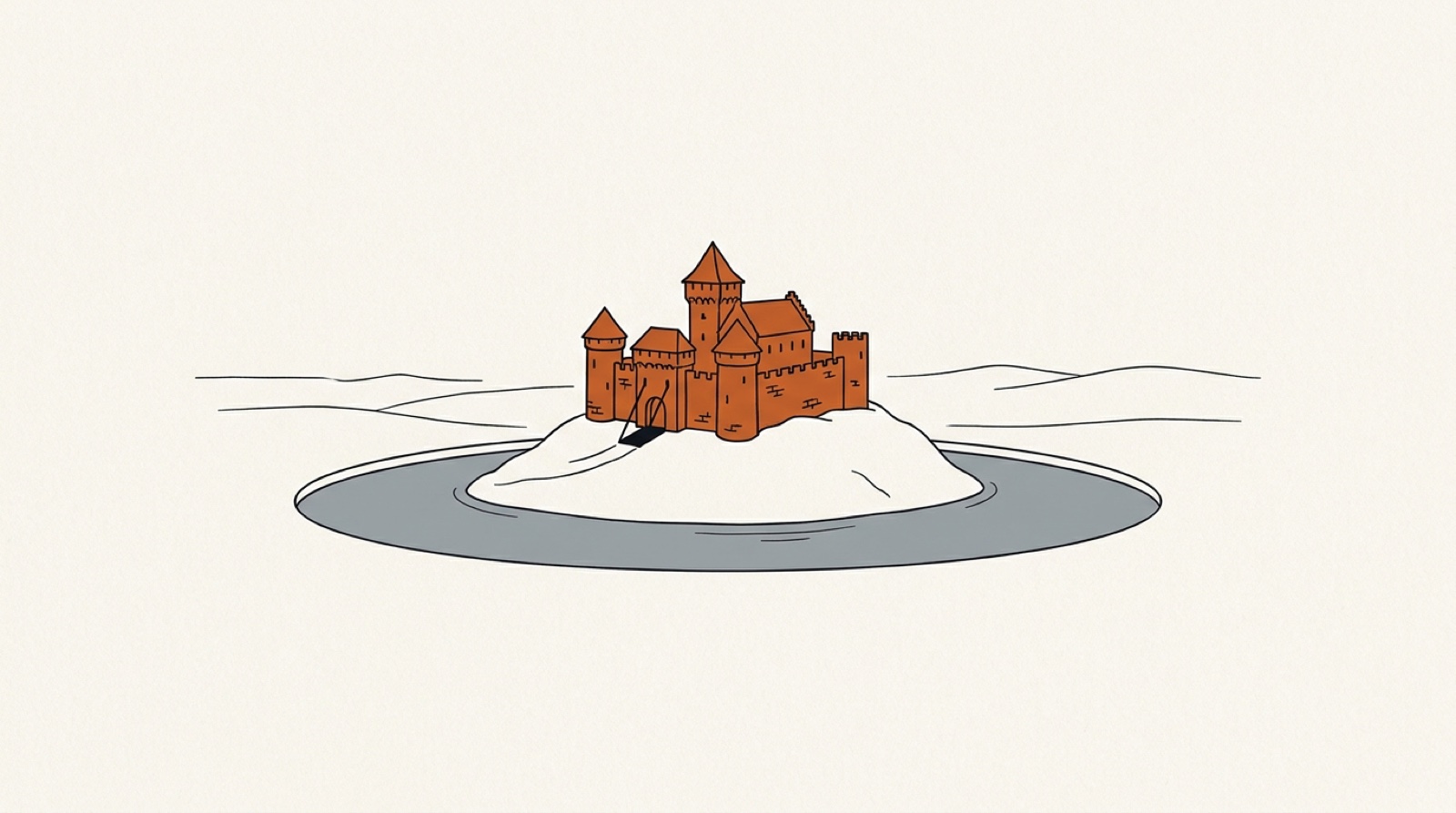 Illustration: an orange castle on a mound surrounded by a wide gray moat