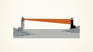 Illustration: two lighthouses on opposite rocky shores, one sending an orange beam across the water to the other