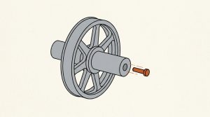 Illustration: a heavy gray wheel on an axle with its small orange linchpin slipping out