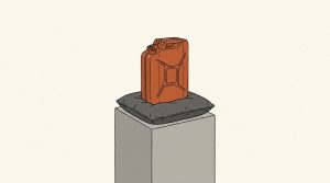 Illustration: an orange fuel jerry can displayed on a cushion atop a museum pedestal like a jewel