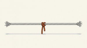 Illustration: a taut tug-of-war rope frayed at both ends with an orange marker knot hanging at the center